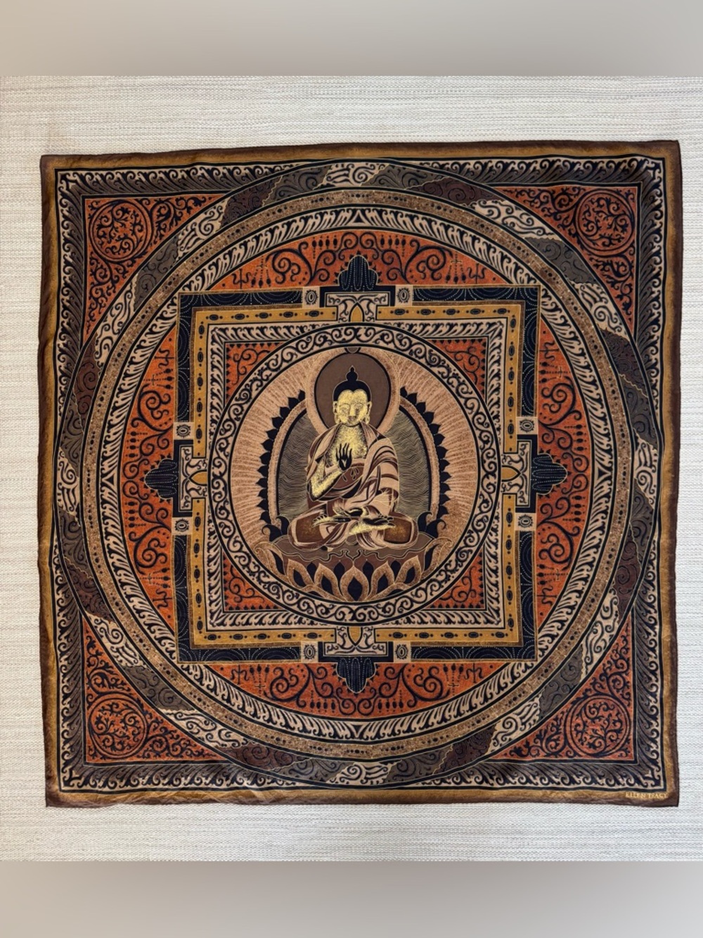 Vintage Linda Allard Ellen Tracy Buddha printed paisley silk boho square scarf